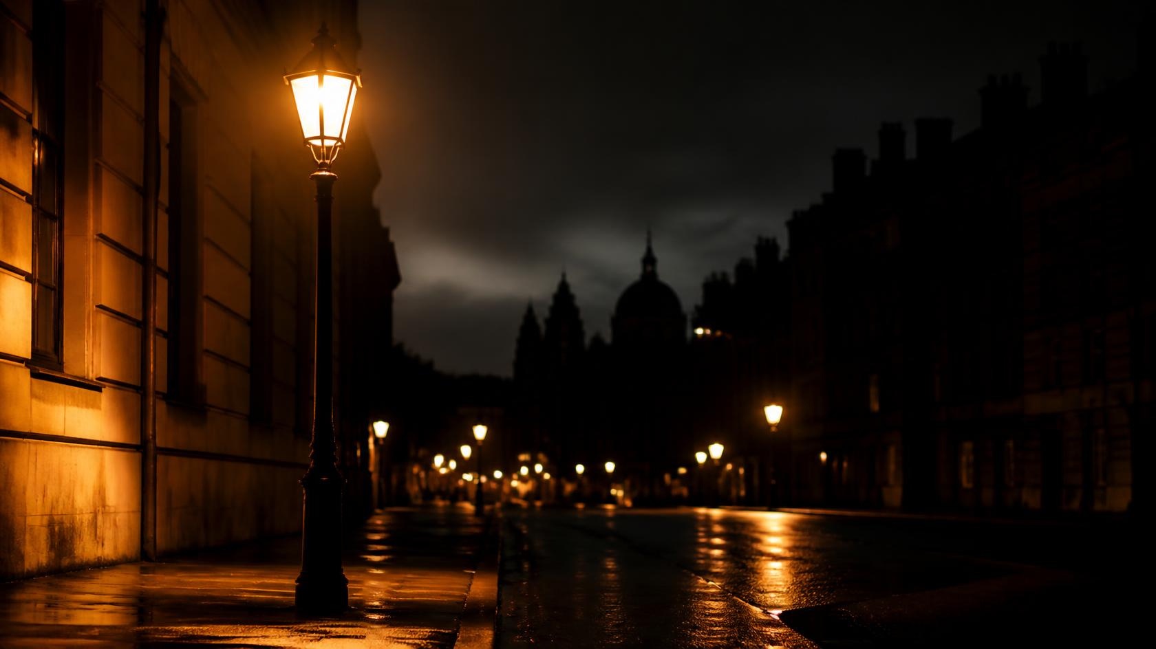 Rue de ville la nuit, éclairée par un lampadaire