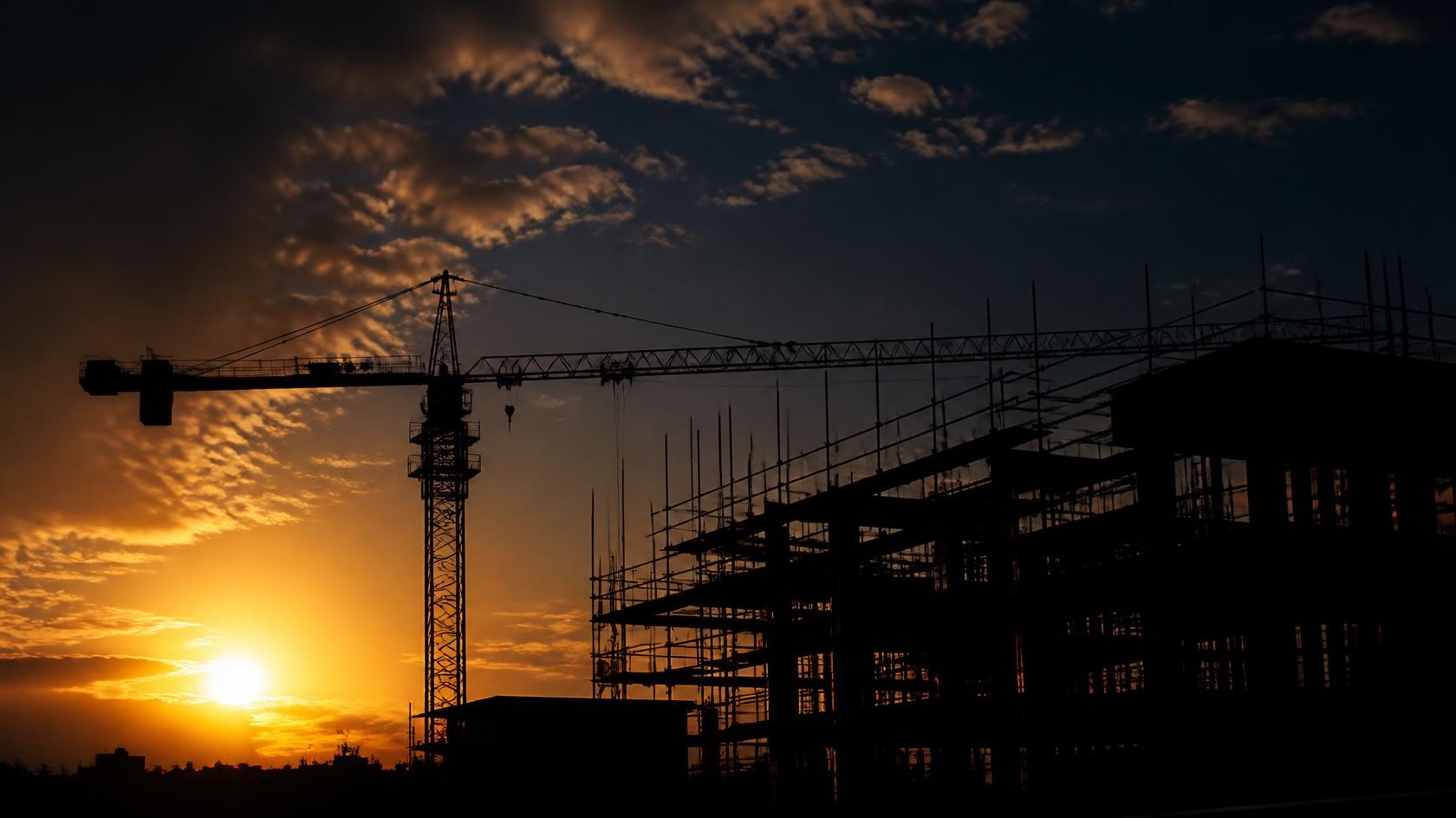 Grue et structure en construction au crépuscule